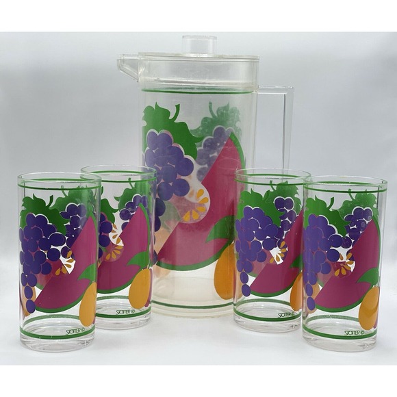 Vintage RARE STOTTER Mid-Century Plastic Fruit Pitcher and 4 Highball Glasses